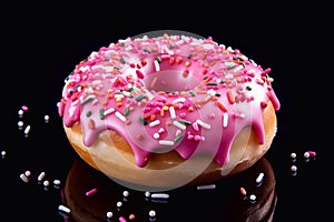 Donuts with colorful pink icing on a black background. Generative AI