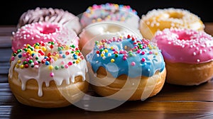 Donuts with colorful sprinkles, background, top view