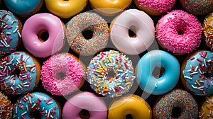 Donuts with colorful sprinkles, background, top view