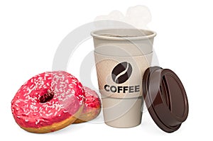 Donuts with cup of coffee, 3D rendering