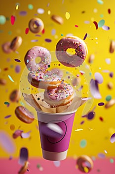 Donuts with a cup of coffee on a bright yellow background