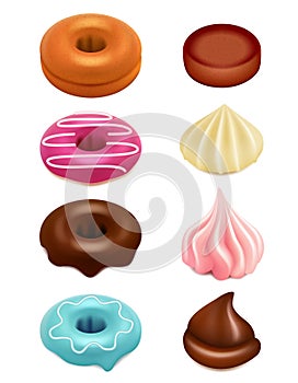 Donuts and cupcakes 3d. Cook muffin with glazed sweet for cafe confiteria, donut and biscuit creation kit. Vector eating photo