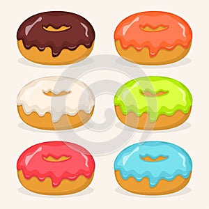 Donuts with different color frosting, set. Side view donuts in glaze for cafe menu design, cafe decoration, discount voucher,