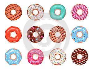 Donuts. Doughnuts in colorful glaze, kids sweets assorted, pastry for menu design, cafe decoration and delivery box