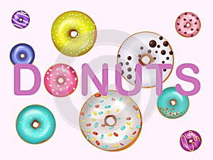 Donuts doughnuts vector illustration. Fried confection glazed dessert bakery product sweet food. Various color and size