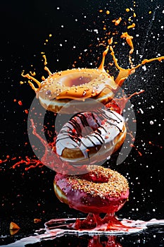 Donuts falling and splashing on black background. Exploding doughnuts