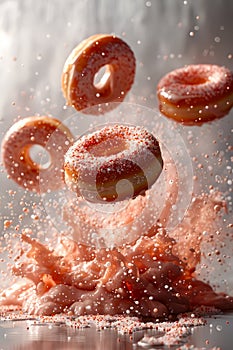 Donuts falling on the surface of powdered sugar