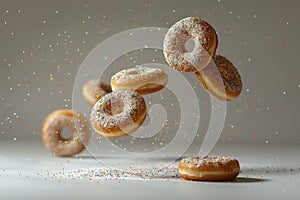 Donuts flying in the air, Trendy Levitation Donut, Creative fast food poster with copy space