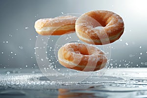 Donuts flying in the air, Trendy Levitation Donut, fast food banner or poster