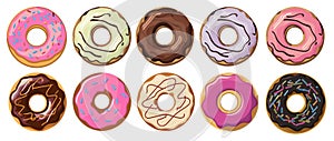 Donuts glazed with colorful sugar, chocolate icing