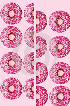 Donuts with icing on pastel pink background