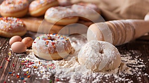 Donuts with icing and sprinkles on a wooden table, horizontal. National Donut Day
