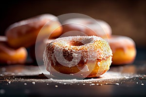 donuts with icing sugar on a black background. tinting. selective focus. Generative AI