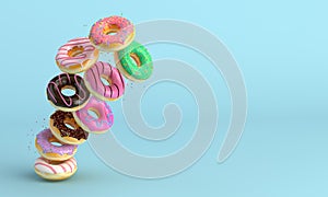 Donuts in motion falling on blue background. Sweet and colourful doughnuts falling or flying in motion. 3d-illustration.