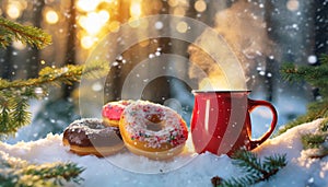donuts and mug in the snow