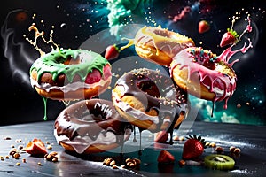 donuts in multi-colored glaze with berries on a black background