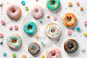 Donuts pattern. Top view of assorted glazed donuts as background. Various colorful glazed doughnuts with sprinkles. Ai generated