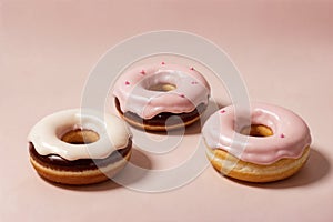 donuts with pink chocolate icing and sweet sprinkles isolated on pastel pink background