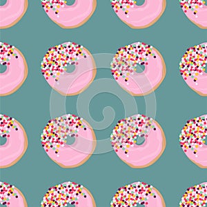 Donuts with pink glaze and rainbow sprinkles seamless pattern