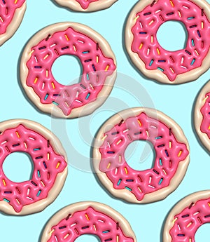 Donuts with pink icing and colorful sugar sprinkles on a blue background, 3D rendering illustration