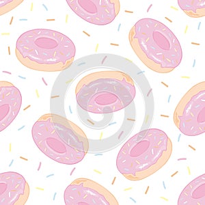 Donuts with pink icing. Seamless white pattern. Background for cafes, restaurants, coffee shops, catering. Design