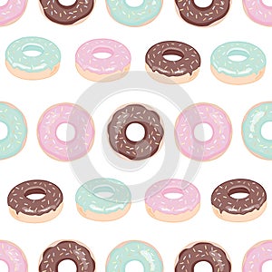 Donuts with pink icing. Seamless white pattern. Background for cafes, restaurants, coffee shops, catering. Design