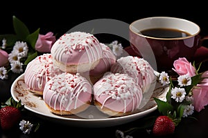 Donuts with pink icing and strawberries on a black plate, flowers on the background