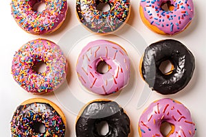 Donuts presented on white isolated background, indulgent sweet treats