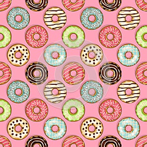 Donuts seamless pattern on pink background