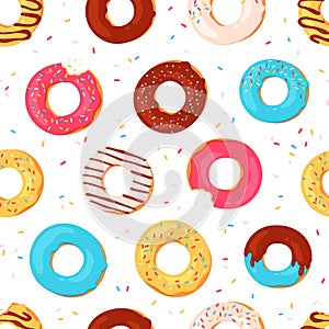 Donuts seamless pattern. Sweet summer print with glazed doughnuts. Bitten donut with pink icing and sprinkles. Bakery