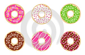 Donuts, a set of realistic donuts on a white background with a white stroke. Vector, cartoon illustration.