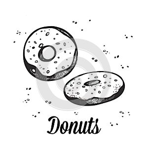 Donuts sketch. Sweet bakery. Hand drawn vector illustration isolated on white background.