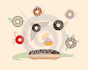 Donuts top view. Sea inhabitants. Vector illustration