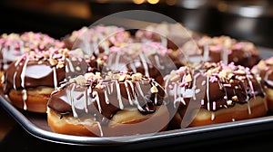 Donuts topped with chocolate, nuts, and sprinkles. AI generation