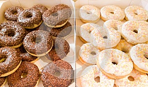 Donuts with white and black chocolate in the shop window