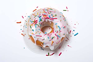 Donuts with white and colorful icing on a white background. Generative AI