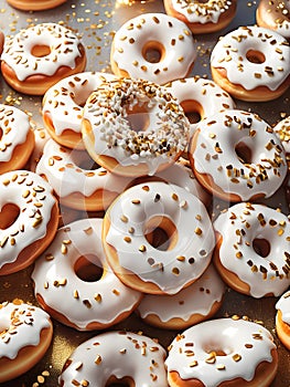 Donuts with white glaze and gold sprinkles. Sugar, sweets, snack, junk food, birthday, concept. Top view