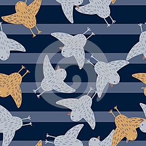 Doocle kids style seamless pattern with random flying birds shapes. Navy blue striped background