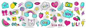 Doodle 90s stickers. Pop art fashion comic badges, trendy cartoon 80s kawaii icons. Vector lol rainbow cherry heart