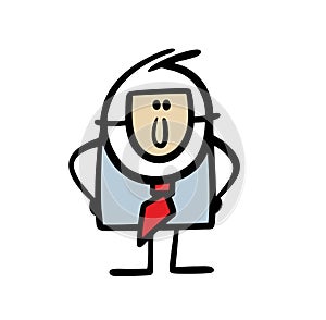 Doodle aggressive business man executive hides his face behind the mask of a good-natured person. Vector illustration of