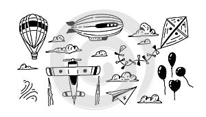 Doodle air transport. Set of cartoon travel icons with baloons, plane, clouds, hot air baloon and sky. Drawn vector art