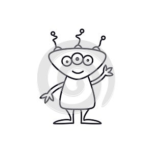 Doodle alien. Cartoon UFO. Funny fiction character. Hand drawn celestial outline icon