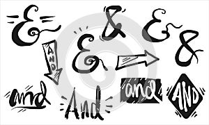 Doodle ampersands, catchwords calligraphy. Hand drawn design elements on set. isolated on white background