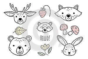 Doodle animals head. Nursery scandinavian style vector design elements