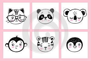 Doodle animals head vector set. Cat with glasses, cute tiger, panda, funny monkey, penguin, sleeping koala faces