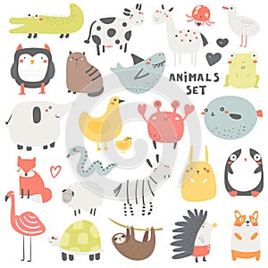 Doodle animals set including owl, crocodile, cow, cat, shark, horse, jelly fish, frog, seagull, elephant, chicken