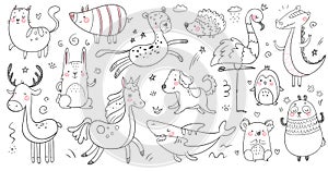 Doodle animals. Sketch animal, hand drawn decoration panda and adorable crocodile. Cute shark, cat and friendship