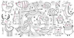 Doodle animals. Sketch animal, hand drawn decoration panda and adorable crocodile. Cute shark, cat and friendship leopard vector