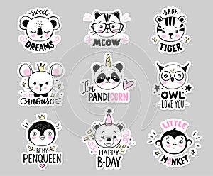 Doodle animals vector set. Owl, cat with glasses, baby tiger, panda unicorn, bear, monkey, princess mouse, penguin queen