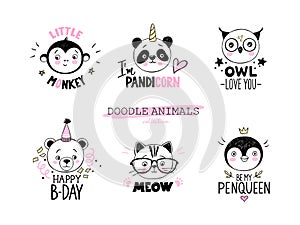 Doodle animals vector set. Owl, cat with glasses, panda unicorn, bear, little monkey, penguin queen faces